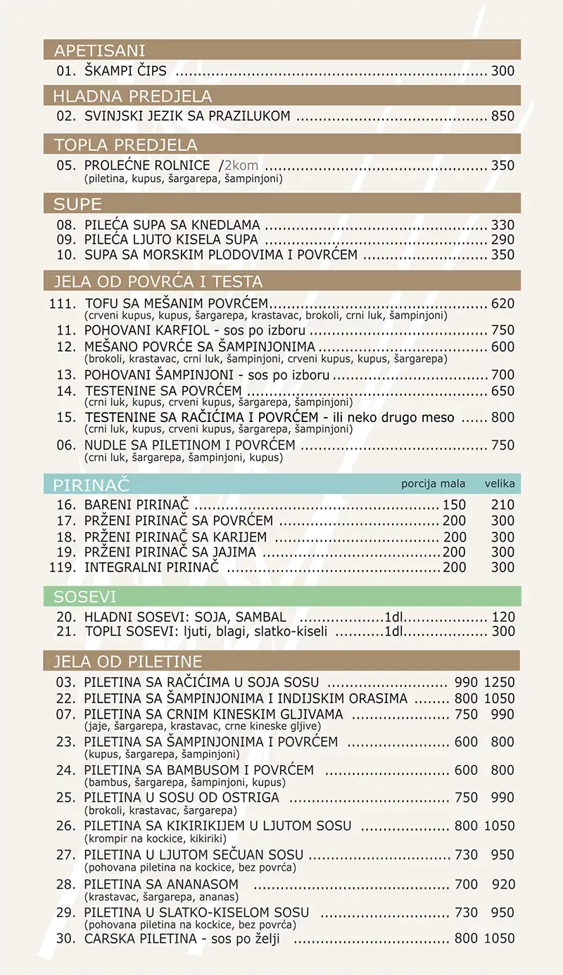 Meni kineskog restorana u Novom Sadu - Kineski Zid