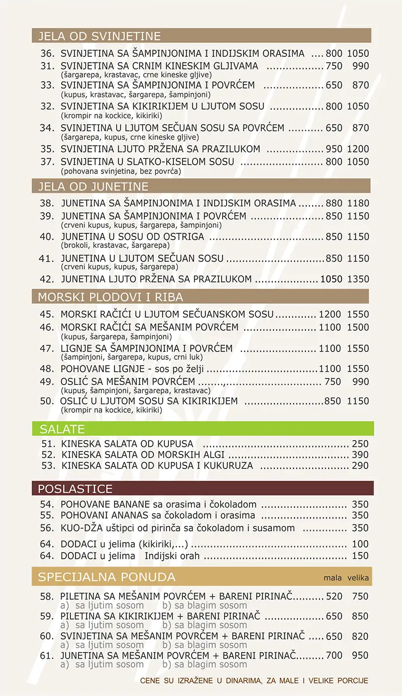 Meni kineskog restorana u Novom Sadu - Kineski Zid